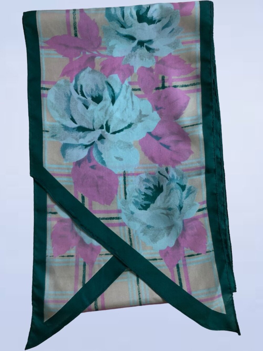 Vintage Floral Plaid Scarf with Pink Leaves & Dark Green Trim